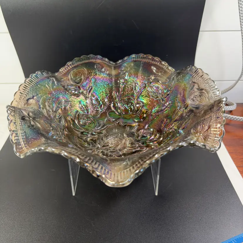 Imperial Glass, Smoky Iridescent, Carnival Glass Dish With Rose Pattern