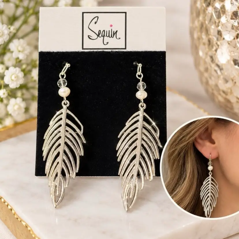 Nordstrom Sequin Silver Feather Leaf Dangle Drop Pearl Crystal Earring NWT Gift