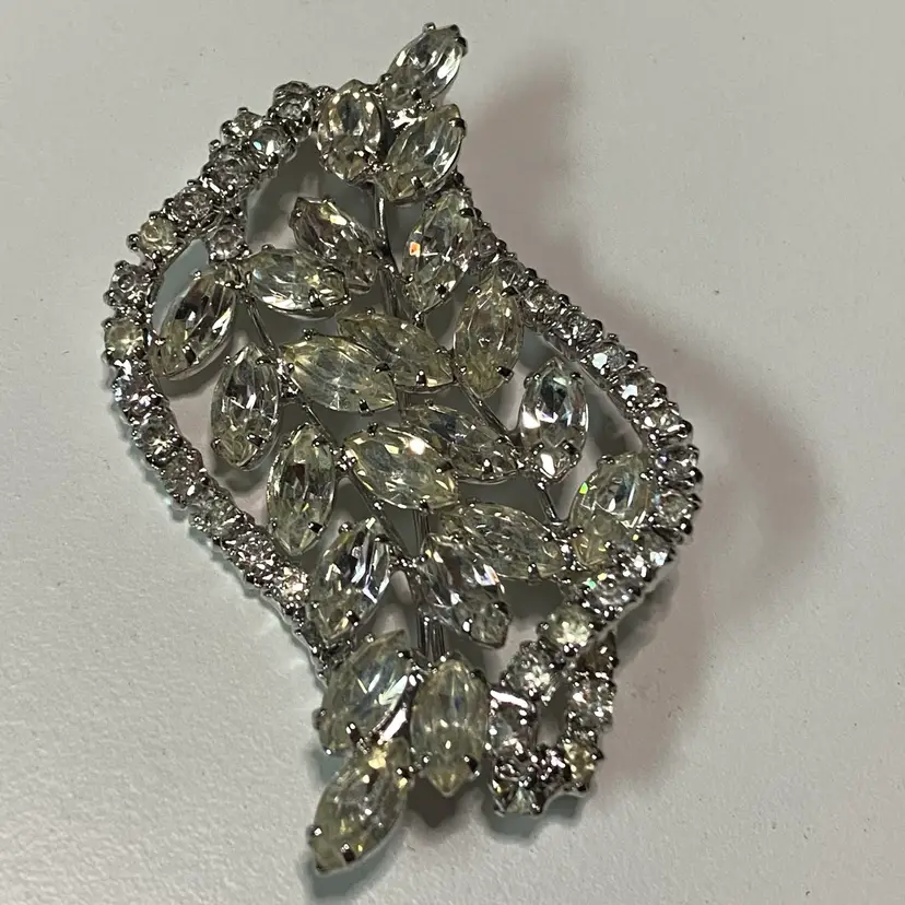 Silver Tone Glass Rhinestone Marquis Cut 2.5” Brooch