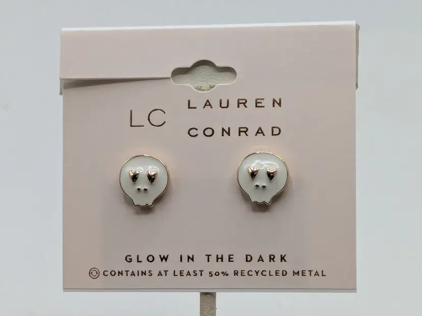 Lauren Conrad Glow-in-the-Dark Gold Tone Skull Earrings Spooky Jewelry NWT