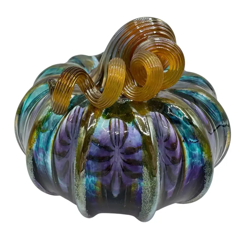 Hand Blown Studio Art Glass Pumpkin Sculpture Figurine Halloween Purple Blue