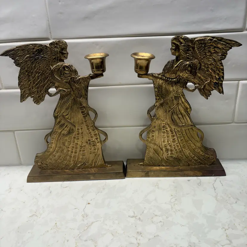 Pair Of Vtg Etched Solid Brass Angel Candle Holders Christmas Decor