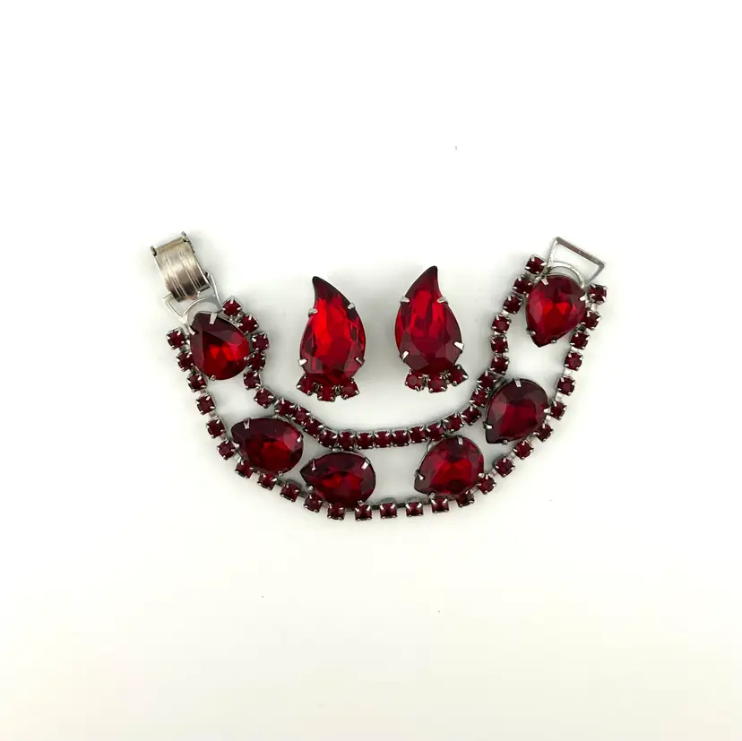 Vintage Silver Tone Red Rhinestone Bracelet and Clip-on Earring Set