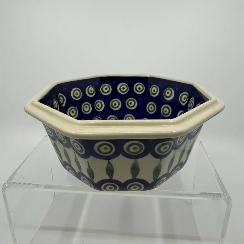 Polish Pottery Boleslawiec  Peacock Octagon Bowl 6.25”