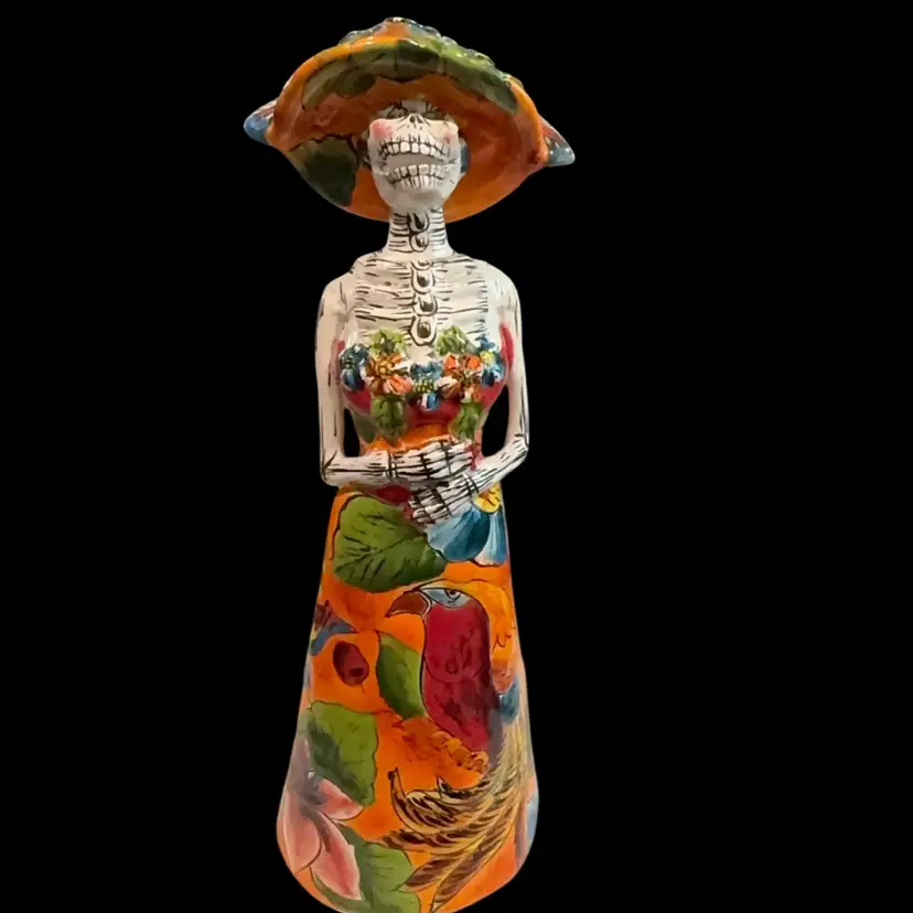 Mexican Catrina Figurine Skeleton W/ Colorful Hat & Dress - Day Of The Dead - Signed Gerardo Garcia
