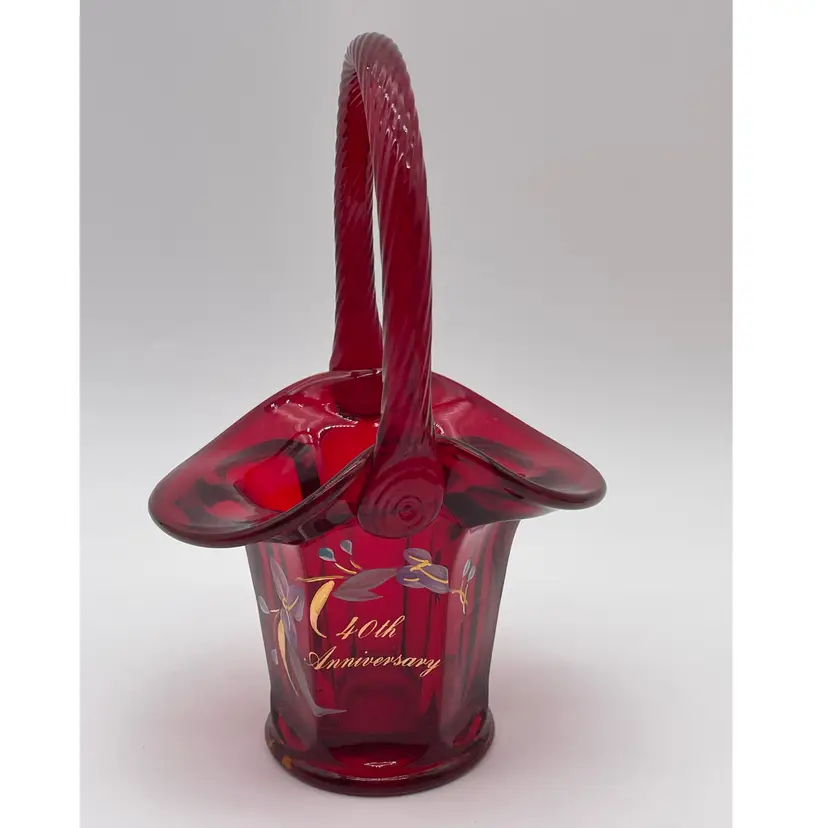 Vintage Fenton Ruby Red 40th Anniversary 7” Art Glass Basket