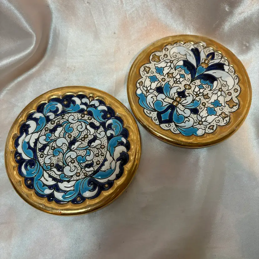 Set 2 mosaic Decoration plates Made Spain One has chip back gold edge