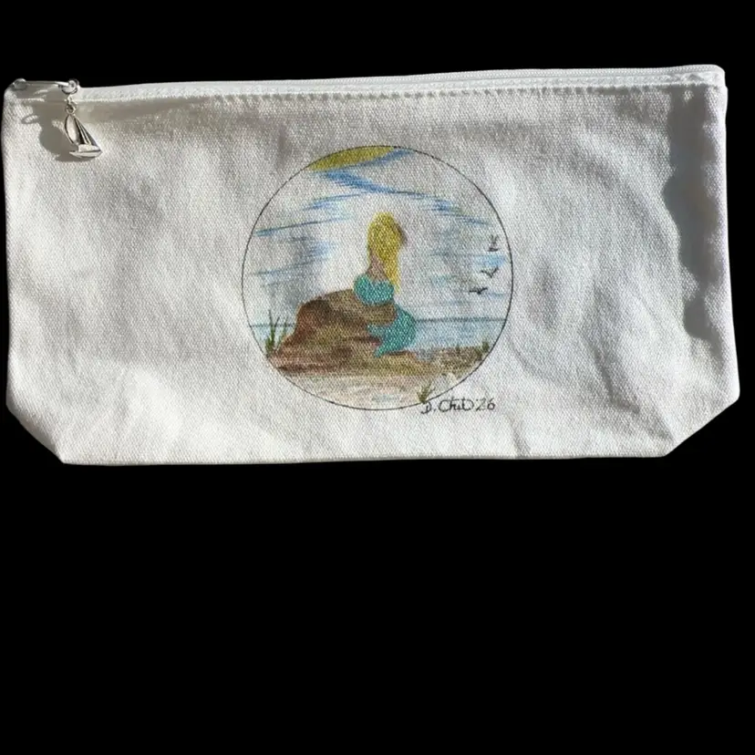 “Mermaid” Watercolor Original  Zippered Pouch And Sail Boat Charm With A Coastal Theme.  Waxed 10 1/2”x 5”x 2”