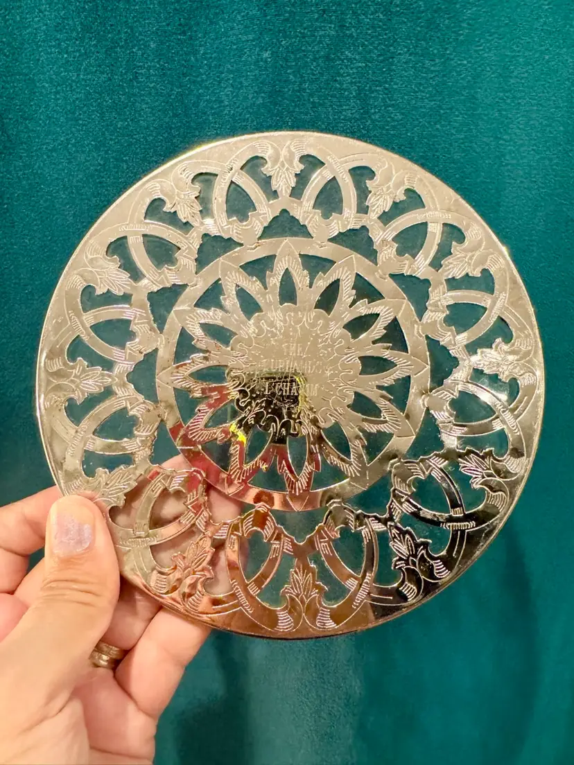 😻 Victorian Silverplate Pierced Trivet – Ornate Floral Openwork & Monogram 6.5”