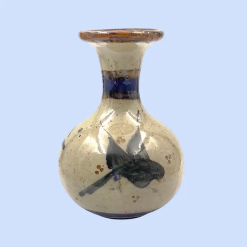 #480- Vintage Tonala Pottery Bud Vase Bird Mexico Signed
