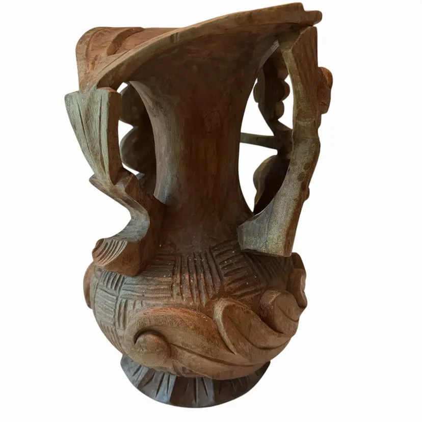 Vintage Hand Carved Wood Vase With Bird Carved On Branch