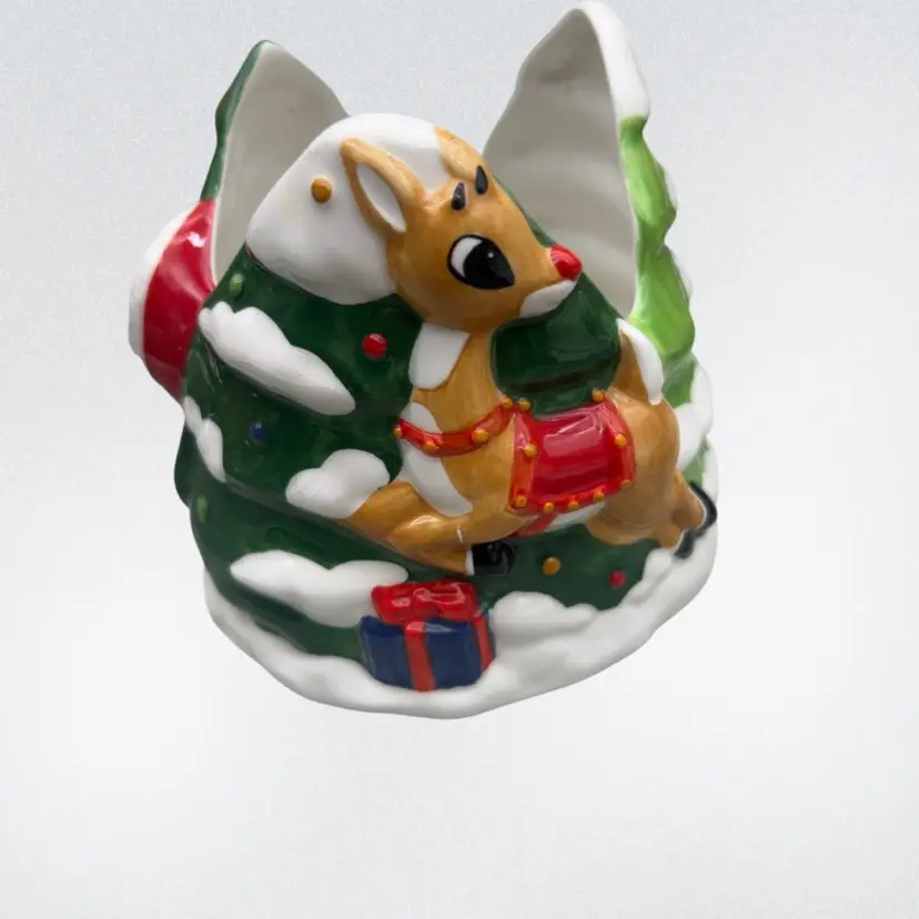 #01 Lenox Rudolph the Red-Nosed Reindeer Santa & Rudolph Ceramic Candle Votive Holder 2002 4”