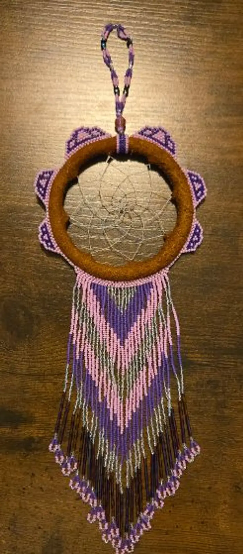 Beaded Dream Catcher Pink Purple Suede 14"