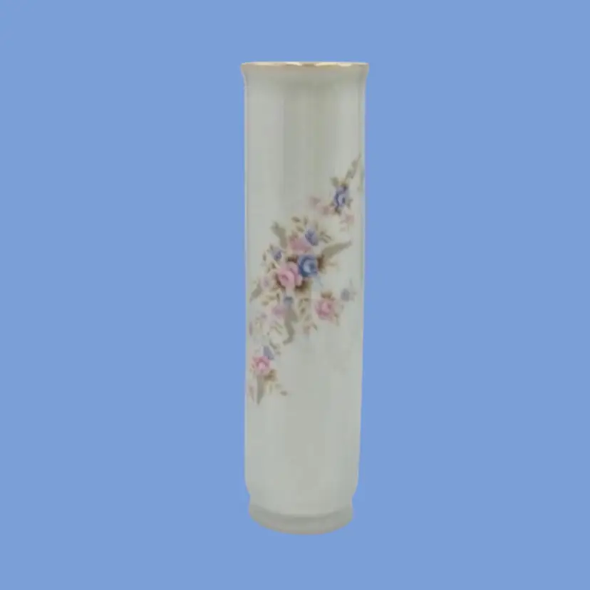 #138- Vintage Bud Vase By Lefton China Co Gold Trim  Pink Blue Floral Spray
