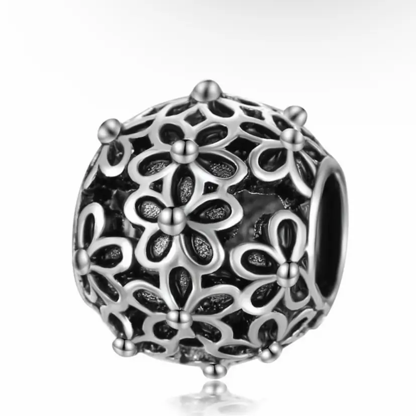 Flower Silver Tone Round European Charm - Collectable Classic Edition