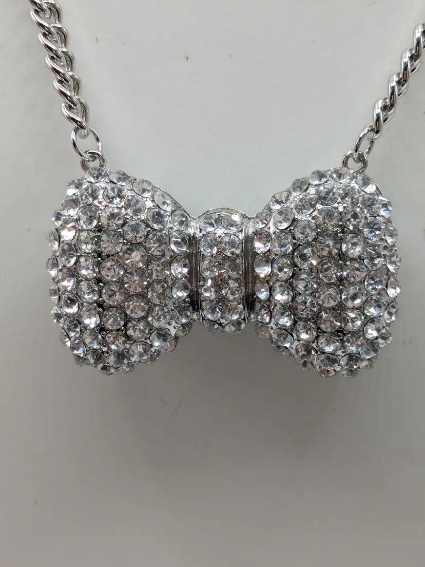 Jennifer & Co. Silver Tone Pave Rhinestone Bow Necklace NWT