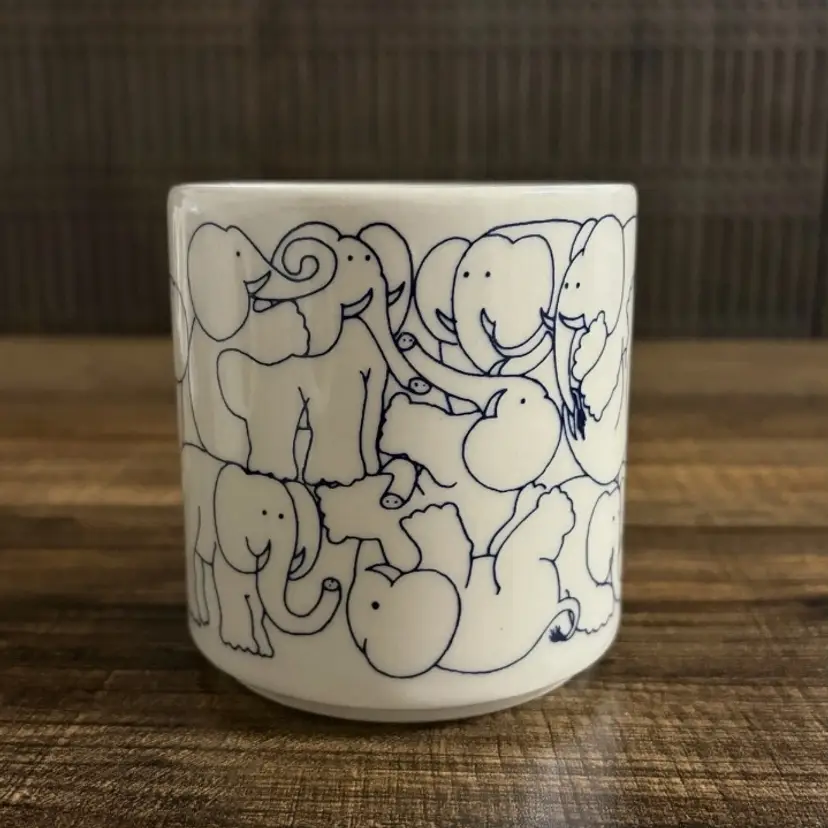 Vintage 1984 Taylor & Ng Elephant Orgy Mug Blue White Win Ng Japan Coffee Cup