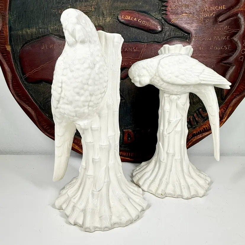 Fits & Floyd: White Glazed Set of Parrots on Bamboo Candleholders. 1976. 8”x 4” AS IS
