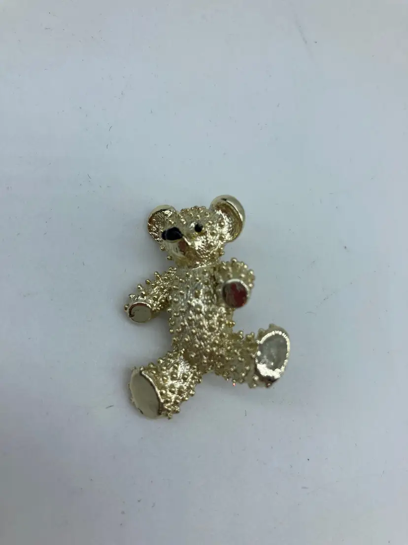 Vintage Gold Tone Textured Sitting Teddy Bear Pin Brooch