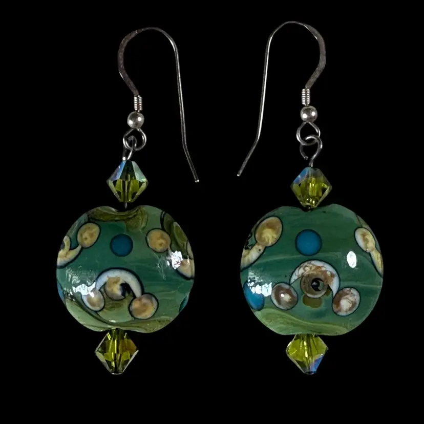 Japanese Art Glass Green Dangle Earrings 2” Drop
