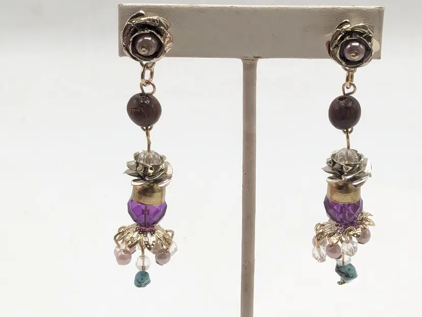 Vintage Henri Bendel Floral Drop Earrings Wood Purple Turquoise Accents NOS