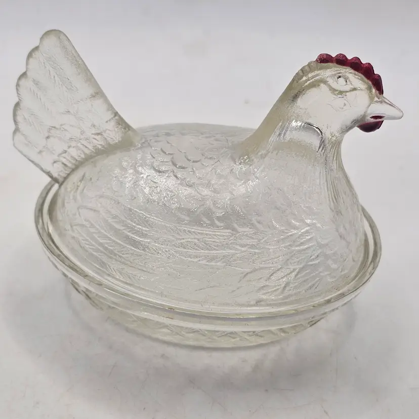 Clear Glass hen On nest with red comb vintage trinkets