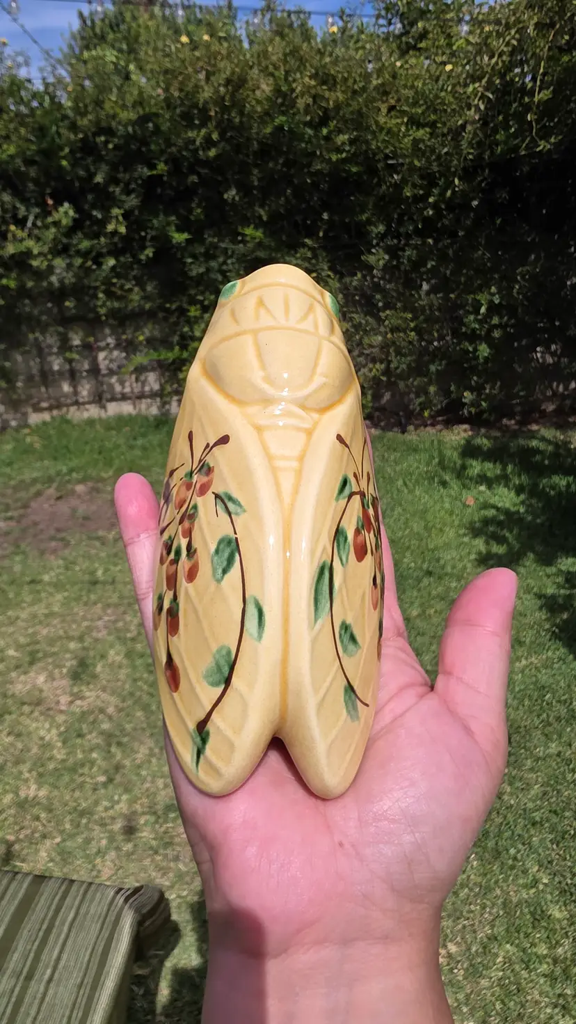 ☀️ French Majolica Cicada Wall Pocket 7" Yellow Planter Cherry Motif