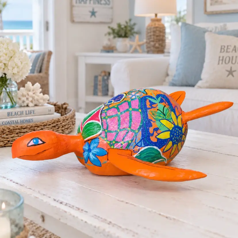 Hand Painted Coconut Sea Turtle Decor, Colorful Tropical Turtle, Coastal Beach House Art, Handmade Nautical Home Accent