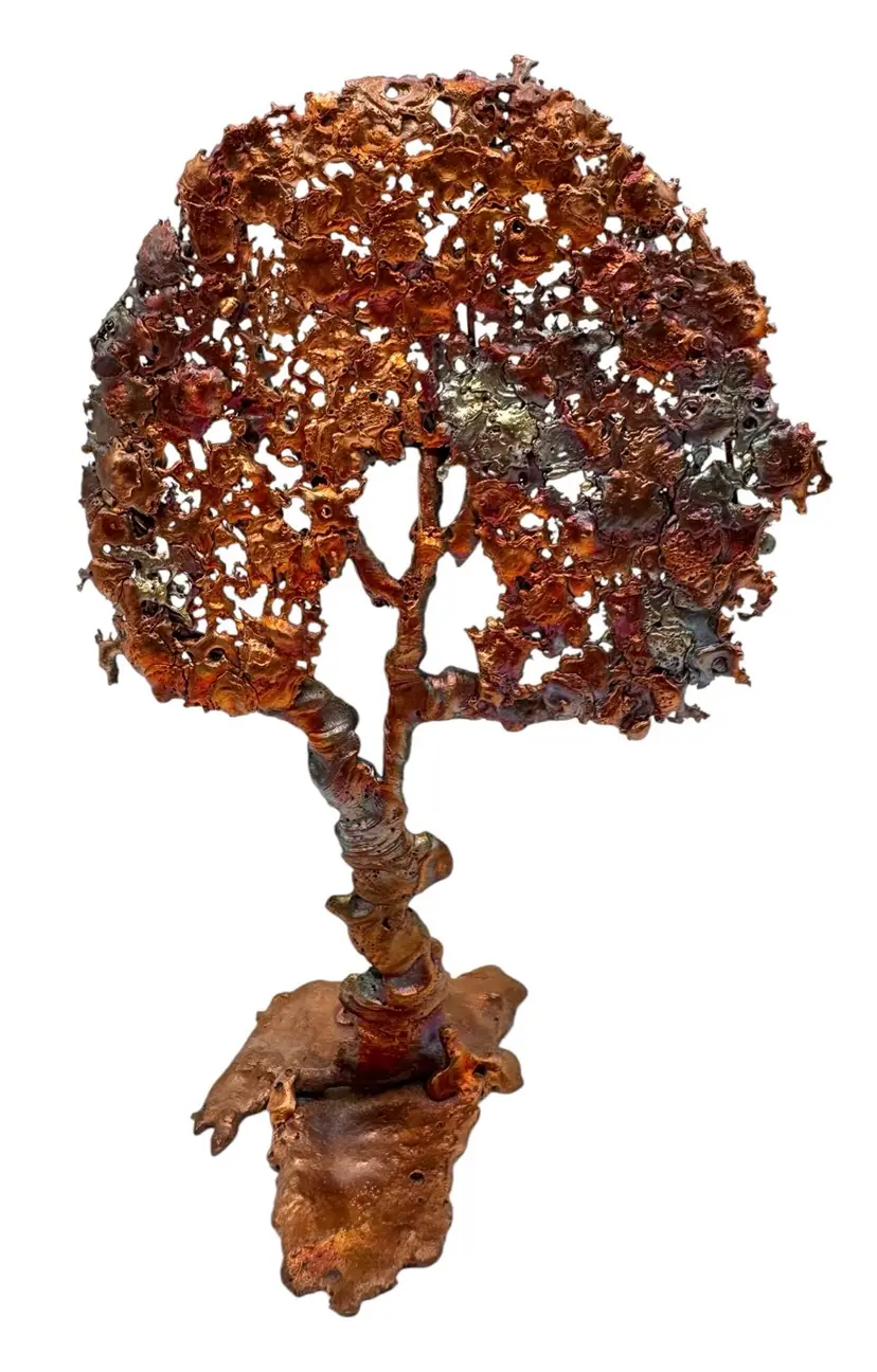 Signed BG Handcrafted Copper Art Splash Standing Tree Sculpture Rainbow 7.5”