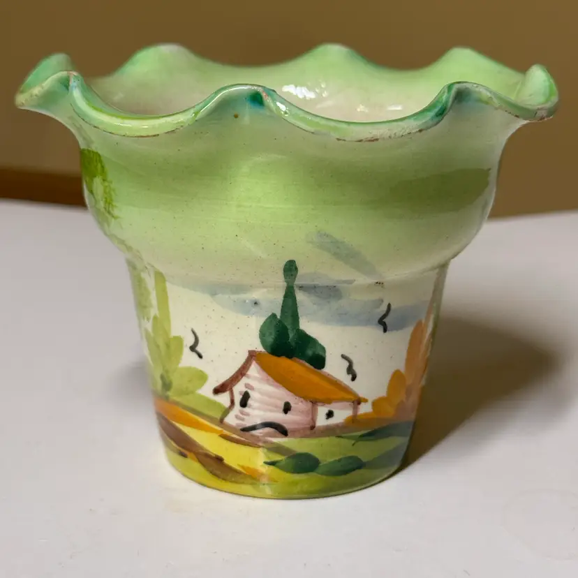 Italian hand-painted ceramic ruffled planter charming folk art country house 4”