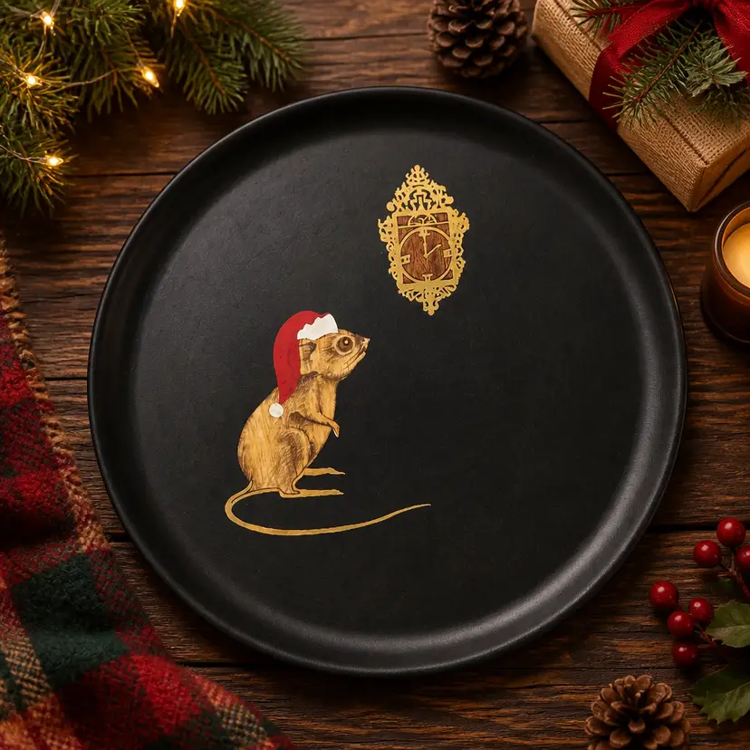 Couroc of Monterey Platter w/ Hand Inlaid Christmas Mouse Design, 10.5" Dia.