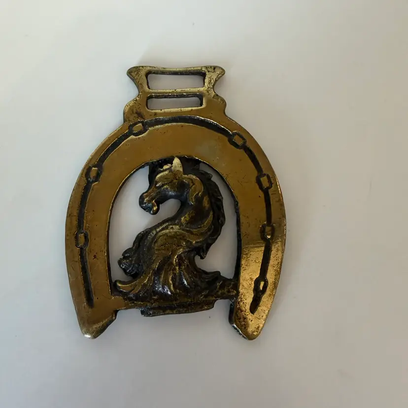 A vintage brass horse brass featuring a horse within a horseshoe. 4”