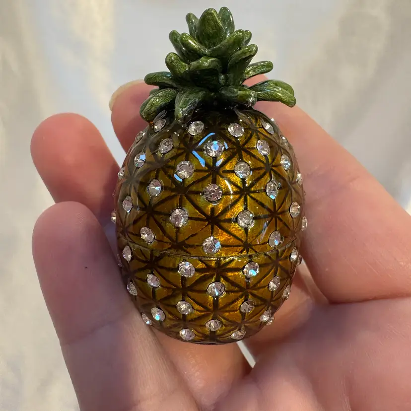Unmarked Rhinestone enamel pineapple trinket box