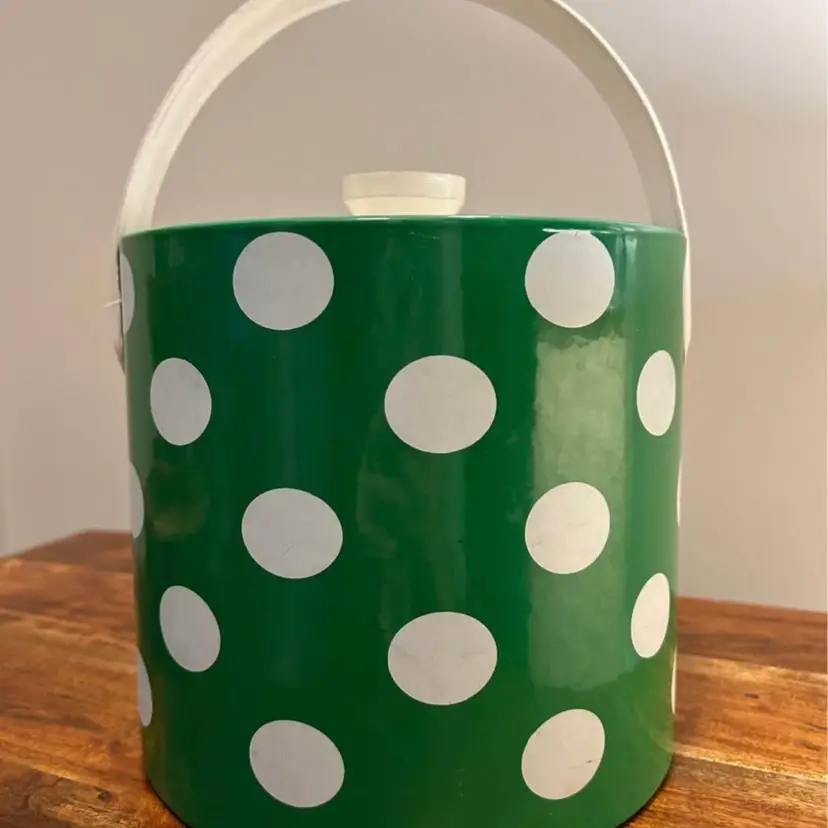 Summer Fun Vintage MCM~Green With White Poka Dots~Ice Bucket~Vinyl