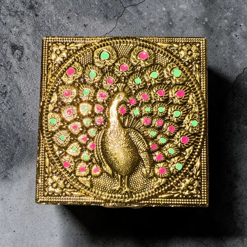 Vintage Embossed Gold Tone Peacock Trinket Box Pink Green Enamel Floral Jewelry Box