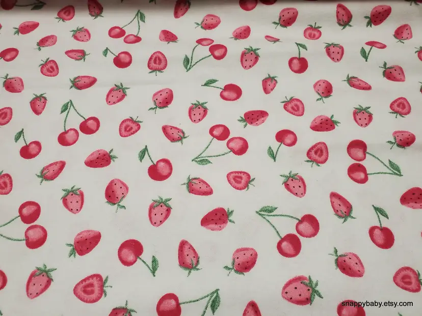 Tossed Fruit Strawberries Cherries on White Flannel Fabric Remnant - 100% Cotton - Choose Size - Soft Craft & Quilting Fabric