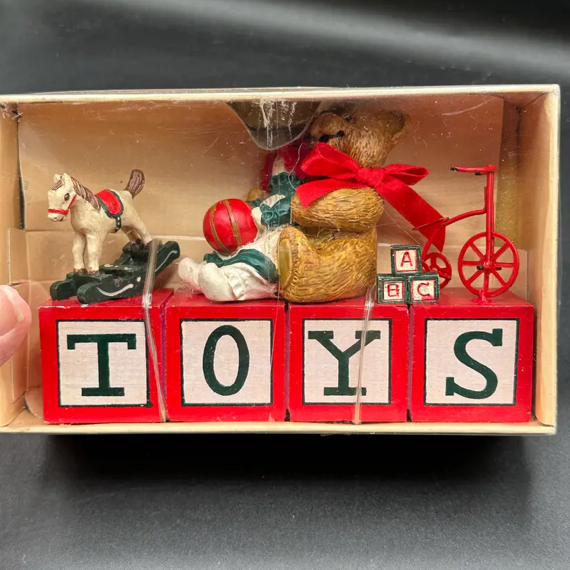 Vintage Kurt Adler TOYS Wooden Block Holiday Figurine Teddy Bear Raggedy Ann Doll Christmas Decor NOS