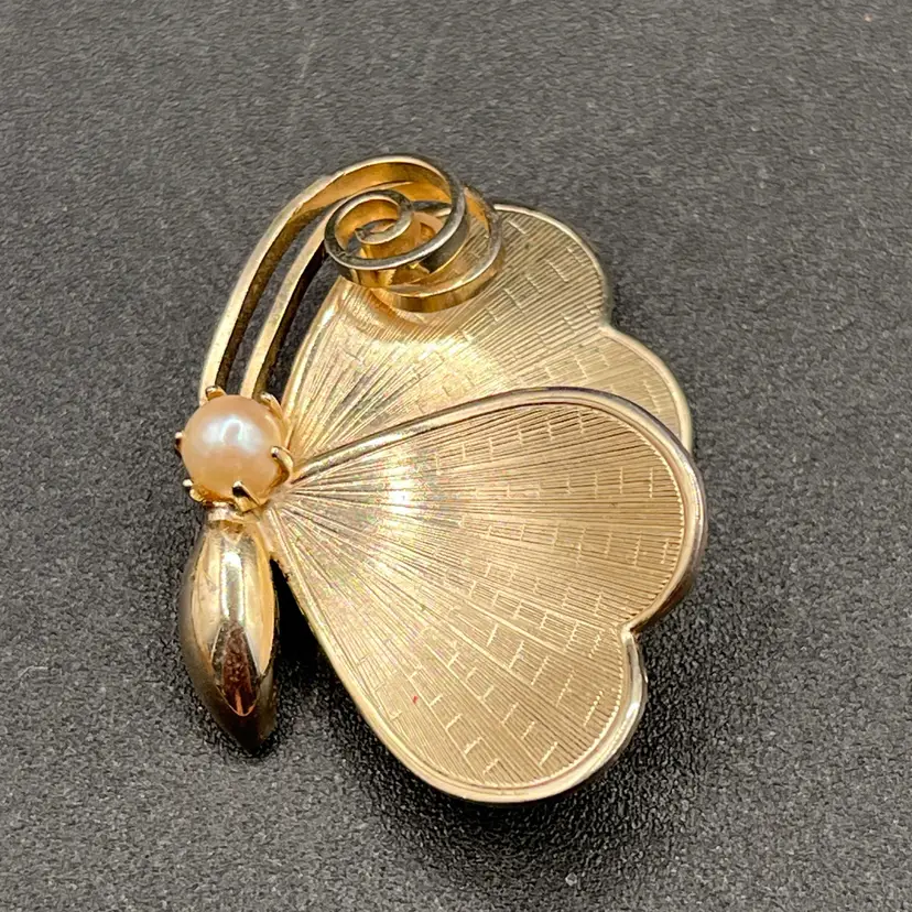 #02 Brushed Gold Tone Metal Curled Wing Butterfly With Faux Pearl 1.5”