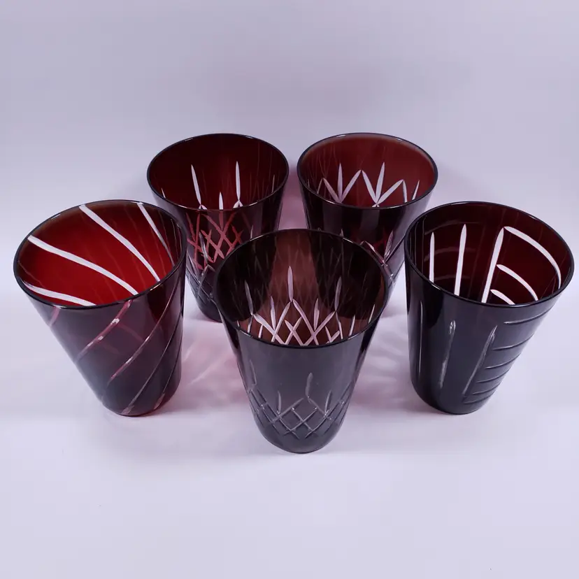 Vtg Bohemian Czech Ruby Blood Red Amethyst Cut To Clear Crystal TUMBLER SET