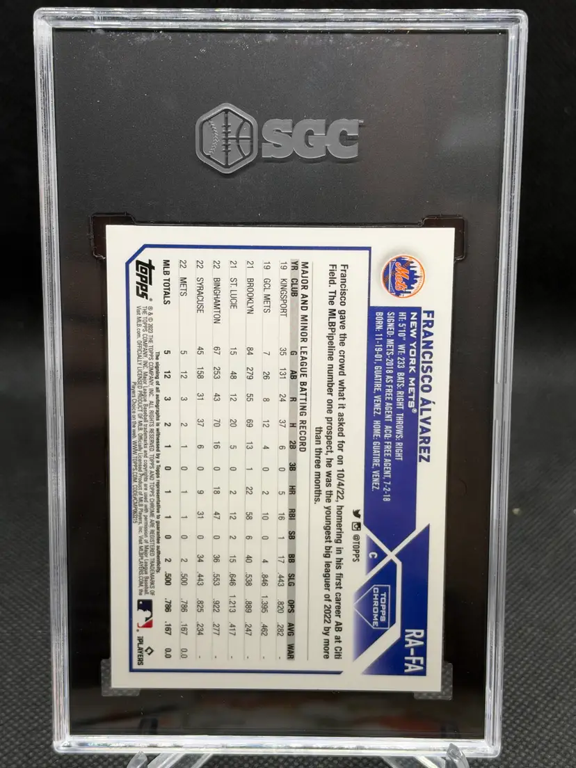 2023 Topps Chrome #RA-FA Francisco Alvarez Purple Speckle Auto /299 RC SGC 9