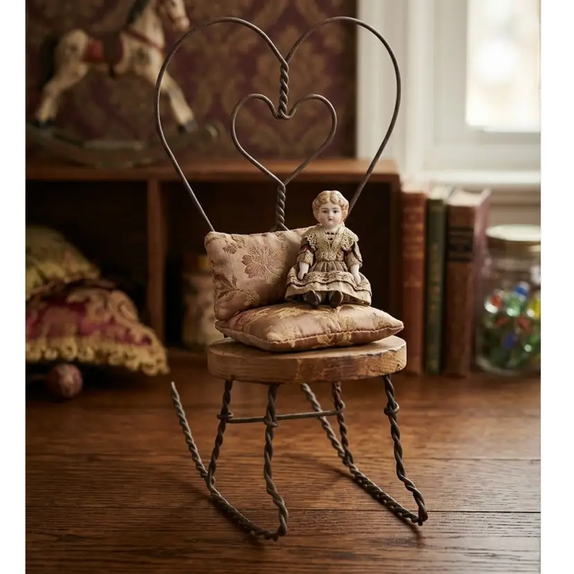 16. Vintage Wire Heart Doll Rocking Chair with wood seat 11”