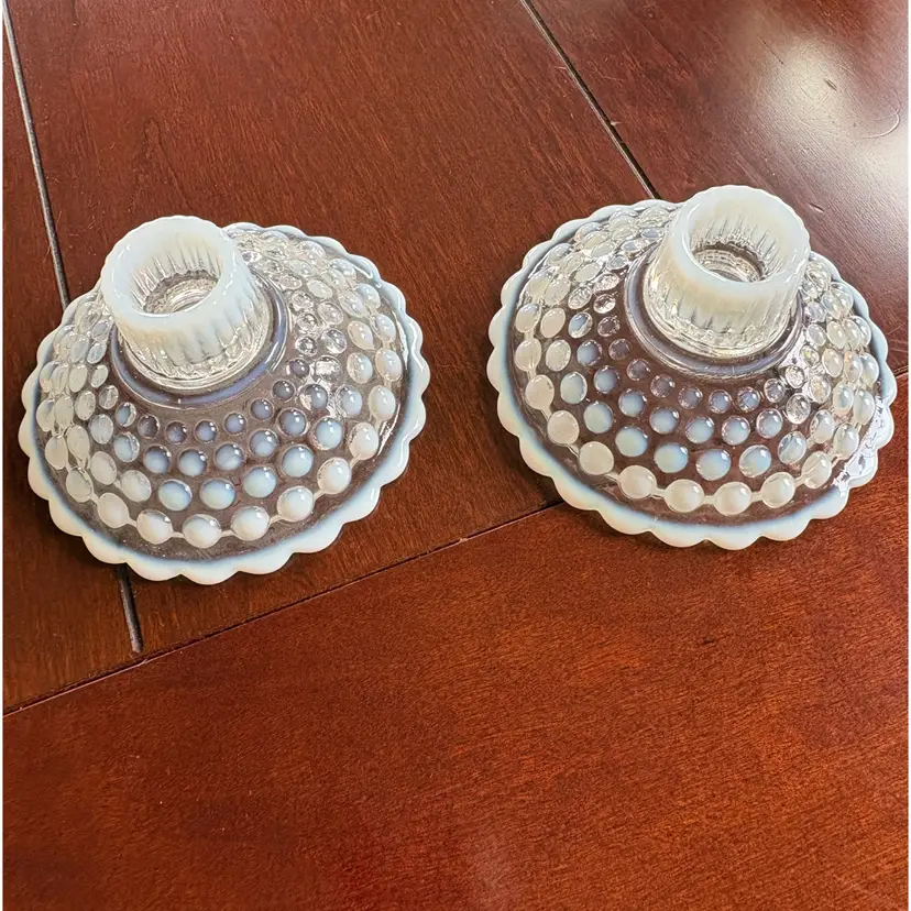 Anchor Hocking Moonstone Opalescent Hobnail Glass 4”x 1 3/4” Candleholder Set 1942-46. No Cracks Or Chips.