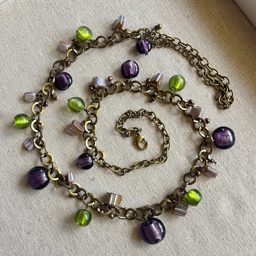 Green & Purple Glass Brass Tone Necklace - About 30”