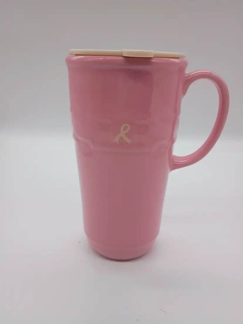 Longaberger Vitrified Pottery Pink Breast Cancer Awareness Travel Mug with Lid.