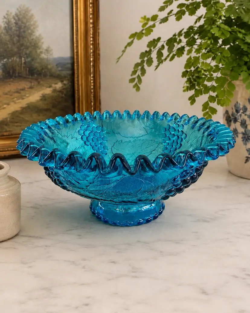 Vintage Indiana Glass Blue Harvest Pattern 10” Pedestal Bowl