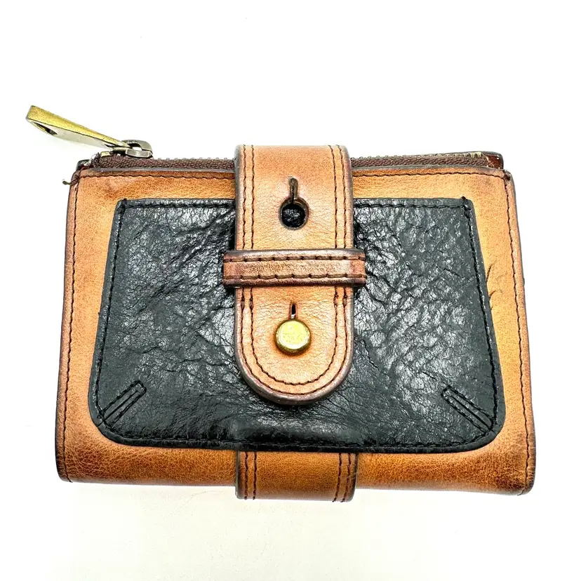 Fossil Fifty Four Leather Wallet Black Brown Brass Hardware 5.5” X 4