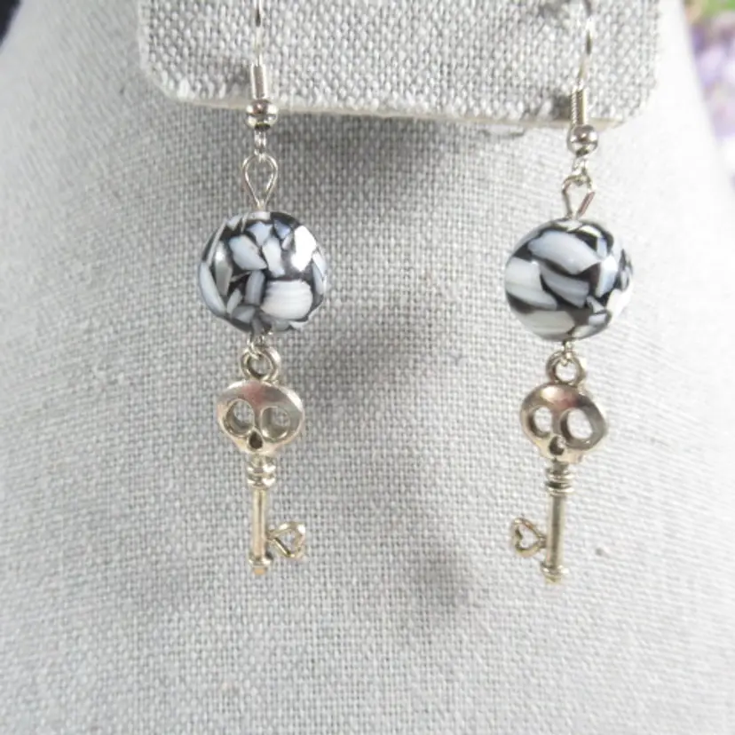 Halloween Skeleton Key with Black and white marbled bead, handmade
