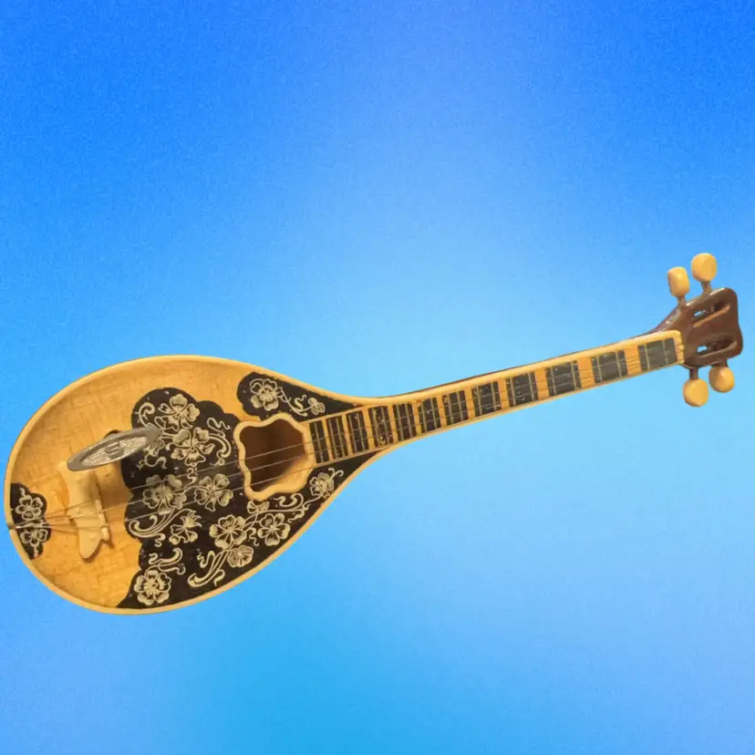 Mediterranean Vintage miniature wooden bouzouki music box souvenir with floral decoration. Works.