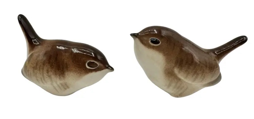 Set of 2 Vintage Lomonosov USSR Porcelain Wren Bird Figurine Hand Painted Brown