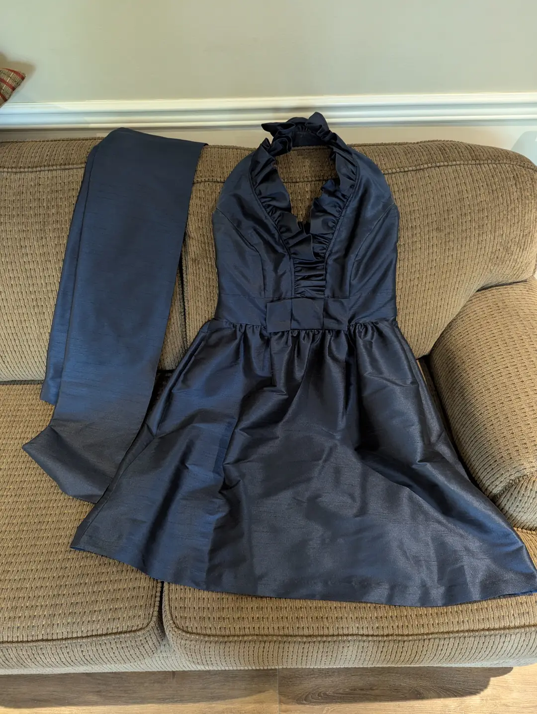 Elegant Navy Halter Dress with Sash - Size 6